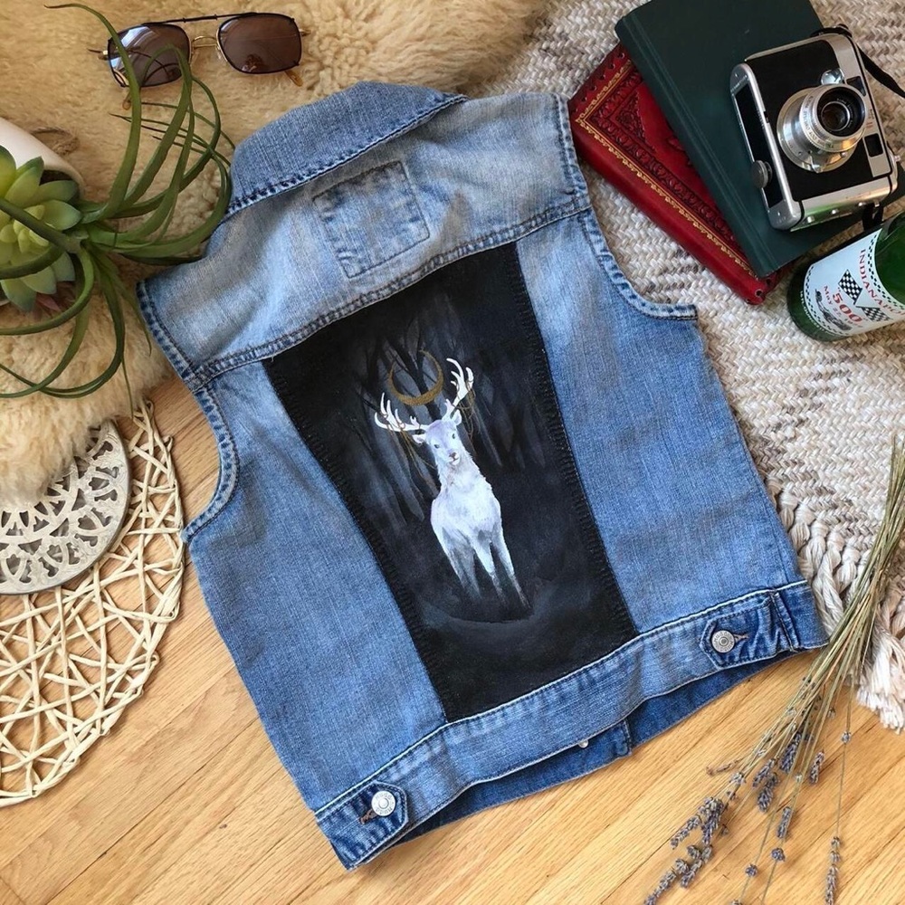 Mythical hand-painted denim jacket with white stag